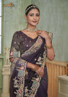 A beautiful close-up of the model in a Vanya Sarees saree, highlighting the intricate, multi-color embroidery on the border and pallu.