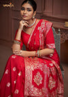 A close-up seated portrait showing the intricate gold zari and multi-color Meenakari work on the pallu of the Vanya Sarees red bridal Banarasi saree.
