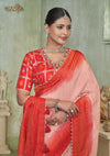 A beautiful close-up of the model in a Vanya Sarees saree, highlighting the rich Gharchola print and embroidered neckline of the designer blouse.
