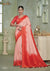 A full-length view of the model in Vanya Sarees' stunning peach and red ombre georgette saree with a designer blouse.