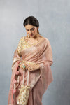 A close-up of the model in a Vanya Sarees pink tissue silk saree, highlighting the intricate floral embroidery on the designer blouse.