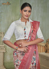 A clear front view of the Vanya Sarees readymade designer blouse, showing the unique shirt collar and colorful tassel buttons.