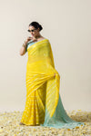 Model showcasing the beautiful fluid drape of the Vanya Sarees yellow chiffon saree with its contrasting green pallu.