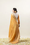 Graceful back view of the model in a Vanya Sarees yellow tissue silk saree, showcasing the drape of the pallu and the embroidery on the blouse back.