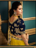 Yellow Embroidered Silk Saree with Navy Blue Blouse - VANYA
