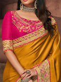Yellow Embroidered Silk Saree with Rani Pink Blouse - VANYA