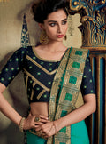 Blue Embroidered Saree with Navy Blue Designer Embroidered Blouse - VANYA