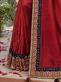 Vanya Zari Embroidered Women Woven Silk Saree Maroon with Dark Blue Embroidered Blouse Designer Saree - VANYA