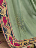 Vanya Zari Embroidered Women Woven Silk Saree Green with Dark Blue Embroidered Blouse Designer Saree - VANYA