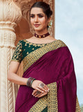 Vanya Zari Embroidered Women Woven Silk Saree Purple with Green Embroidered Blouse Designer Saree - VANYA