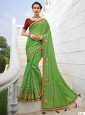 Sap Green Cotton Linen Saree with Wine Red Blouse - VANYA