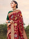 Vanya Zari Woven Dark Red Silk Saree with Green Designer Stone Work Blouse