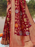 Vanya Zari Woven Dark Red Silk Saree with Green Designer Stone Work Blouse