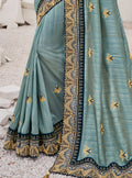 Vanya Zari Embroidered Women Woven Silk Saree Grey with Dark Blue Embroidered Blouse Designer Saree