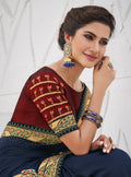 Vanya Zari Embroidered Women Woven Silk Saree Dark Blue with Red Embroidered Blouse Designer Saree