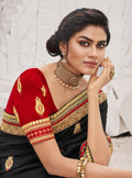 Vanya Zari Embroidered Women Woven Silk Saree Black with Maroon Embroidered Blouse Designer Saree