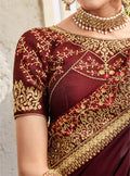 Vanya Zari Embroidered Women Woven Maroon Satin Saree With Two Tone Pure Silk Blouse Designer Saree